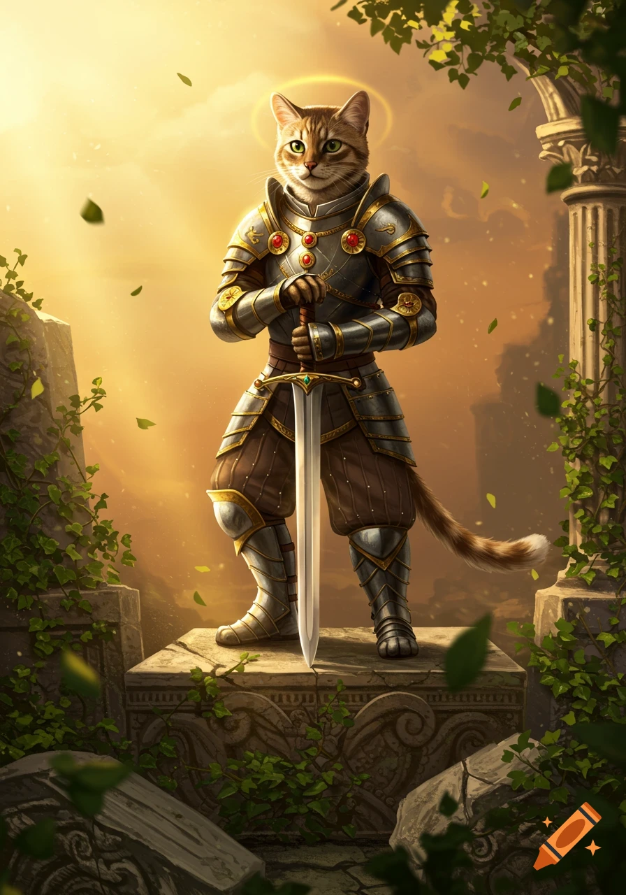 A majestic cat knight in intricate armor stands on a stone pedestal, holding a sword, in sunlit ancient ruins with ivy.
