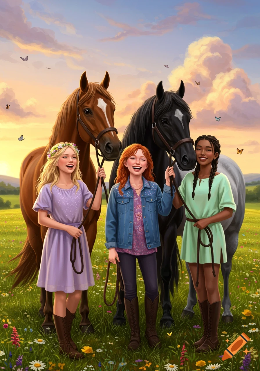 Three happy girls with their horses in a sunny, wildflower field, digital painting.