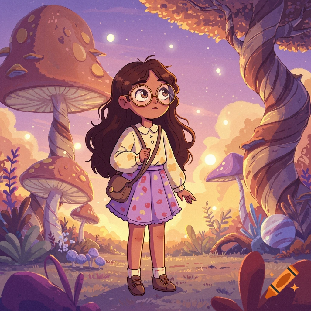 A cartoon girl with brown hair and glasses stands in a whimsical fantasy forest with giant mushrooms and glowing lights, looking up.