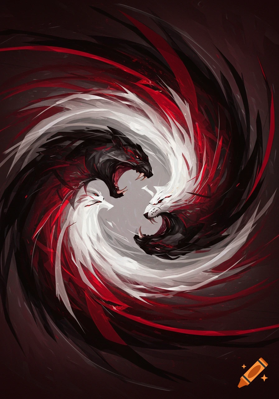 Three abstract dragon-like creatures, two black and one white, snarl amidst a swirling vortex of red, black, and white.