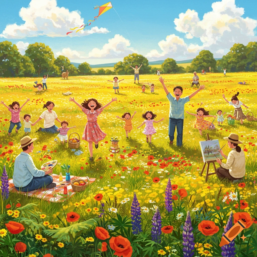 A vibrant illustration of many adults and children enjoying a sunny day in a field full of yellow, red, and purple wildflowers. Some people are running, others are picnicking, flying a kite, or painting, all expressing joy.