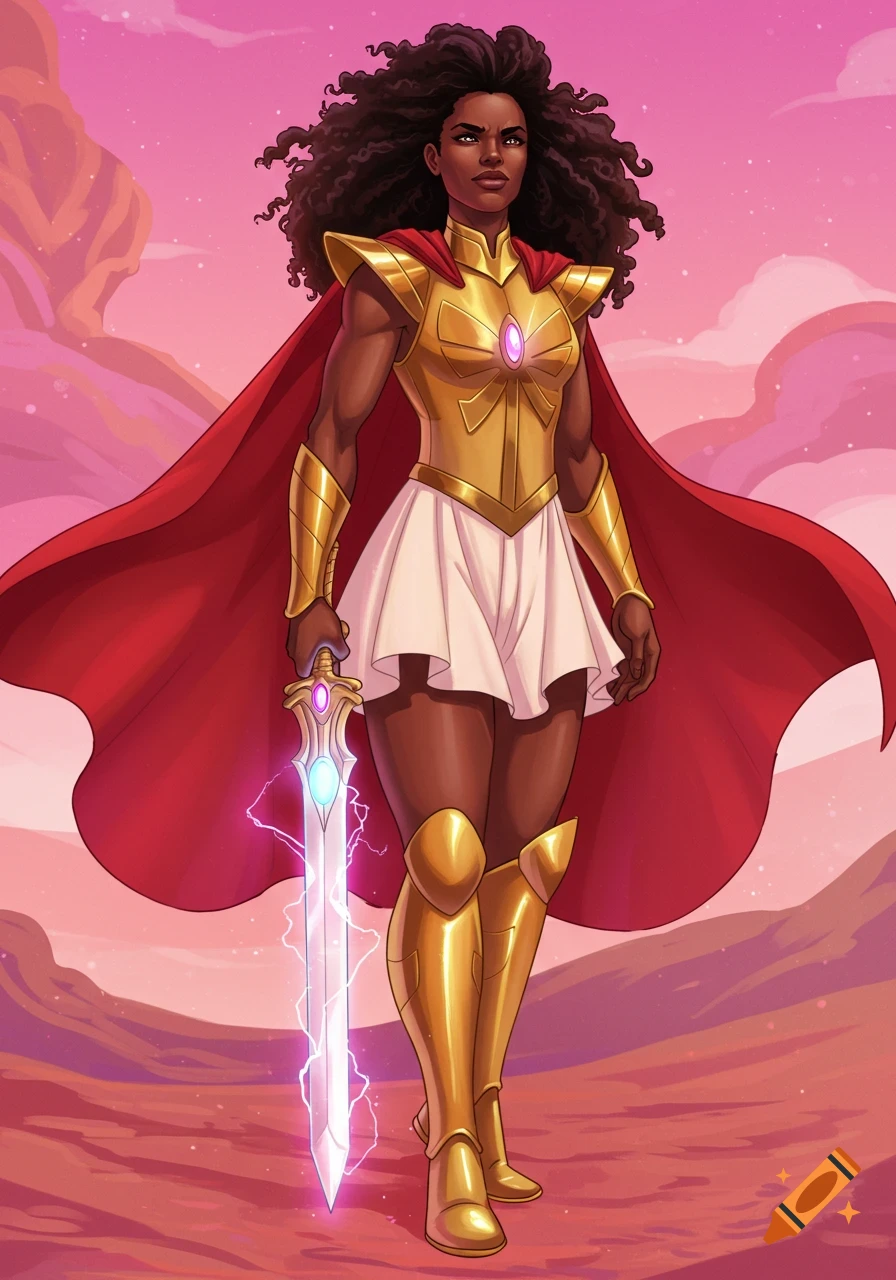 Annoyed Black female warrior in golden armor and red cape, holding a glowing sword in a pink landscape. Illustration.