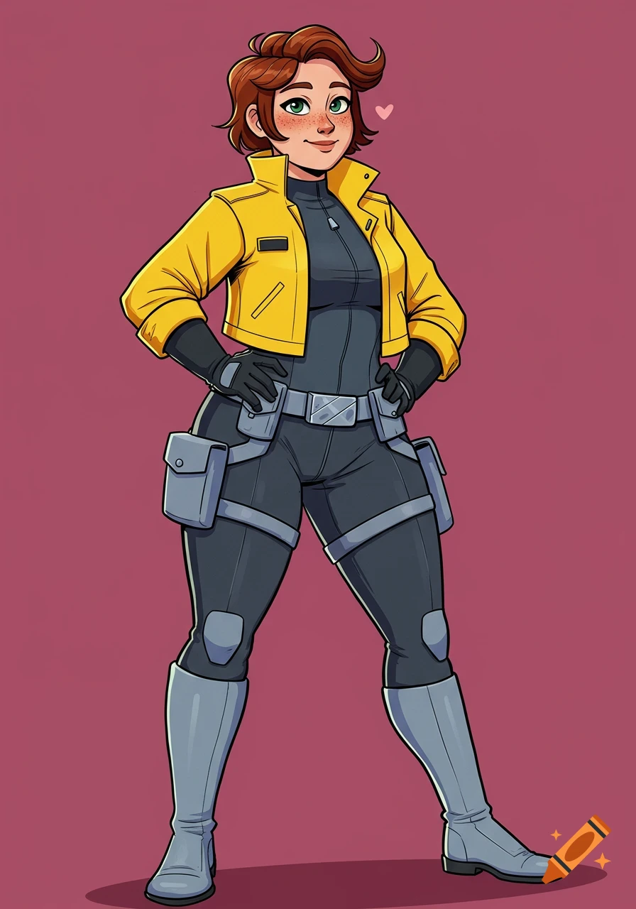A cartoon woman with auburn hair and freckles, wearing a yellow cropped jacket over a dark gray jumpsuit, utility belt, and boots, standing with hands on hips.