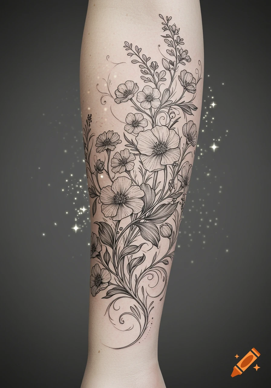 A black and white forearm tattoo of intricately detailed wildflowers and leafy vines with subtle magical sparkles on a dark background.
