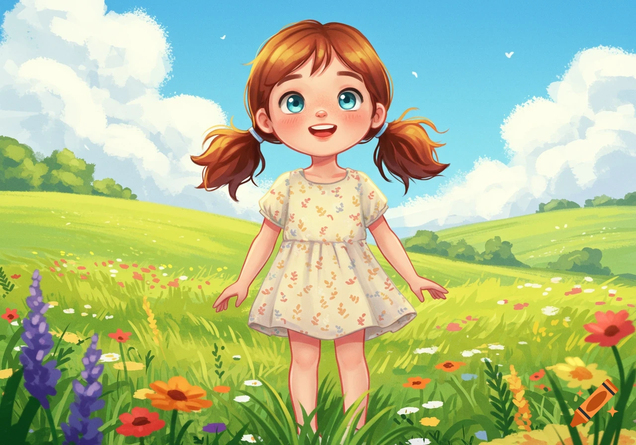A cute cartoon girl with reddish-brown pigtails and blue eyes smiles in a vibrant green meadow filled with colorful flowers under a bright blue sky.