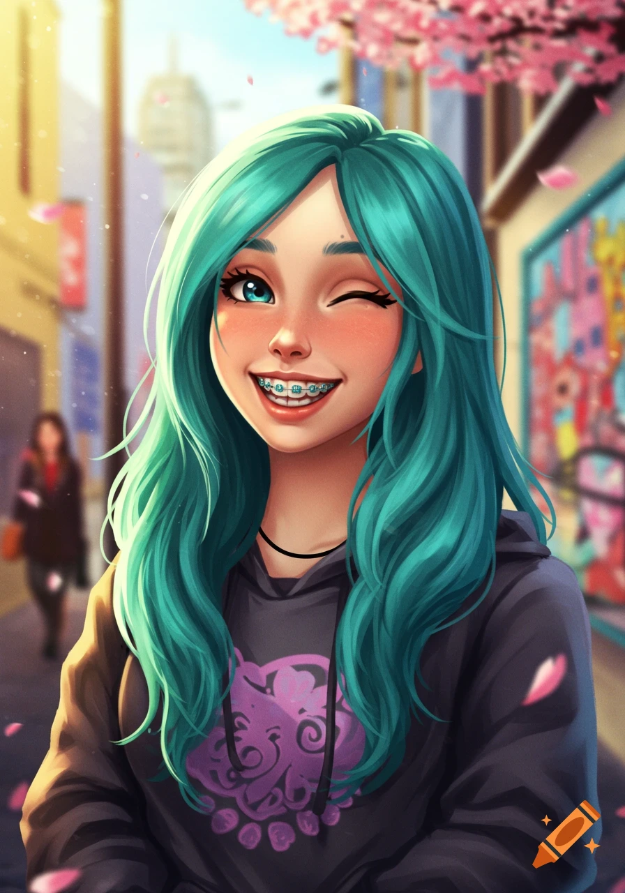 A vibrant anime-style portrait of a girl with teal hair and braces, winking and smiling outdoors amidst cherry blossoms.