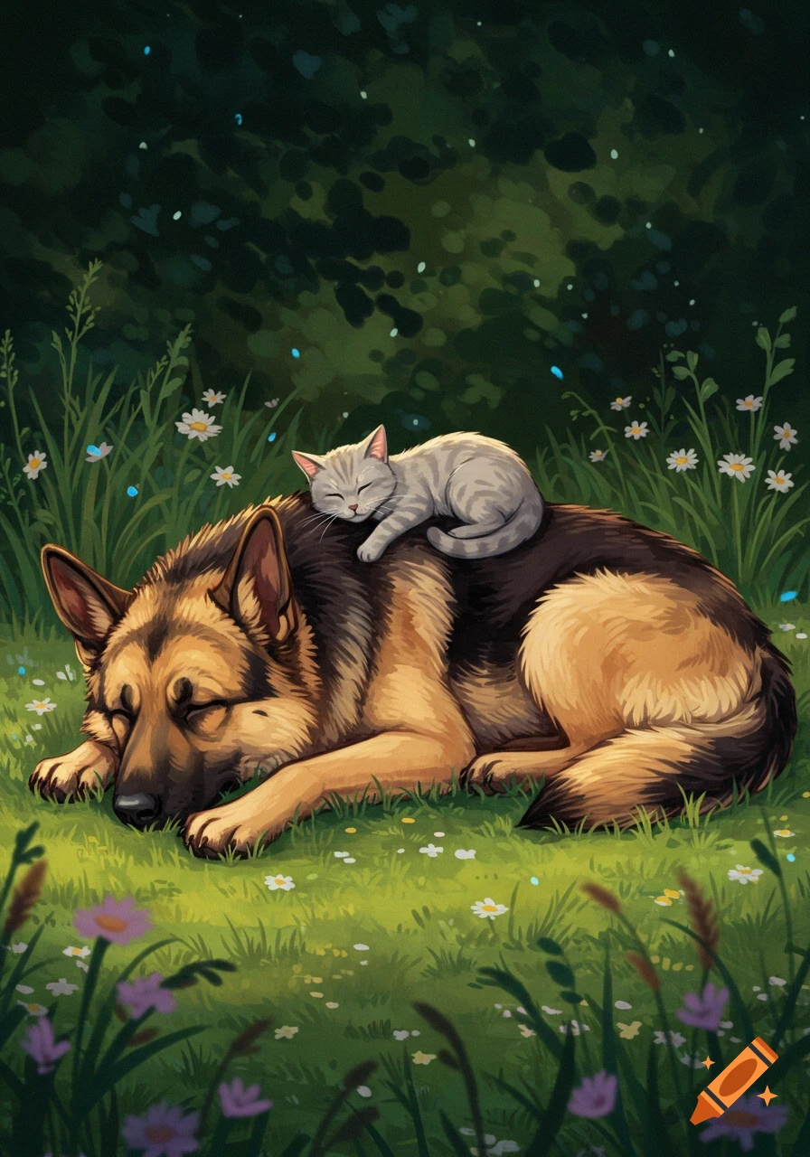 Illustrative painting of a German Shepherd dog sleeping in a grassy field with a tabby cat curled on its back.