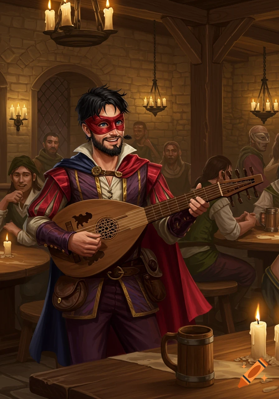 A masked male bard with a beard plays a lute in a dimly lit, crowded medieval tavern, in an illustrated style.