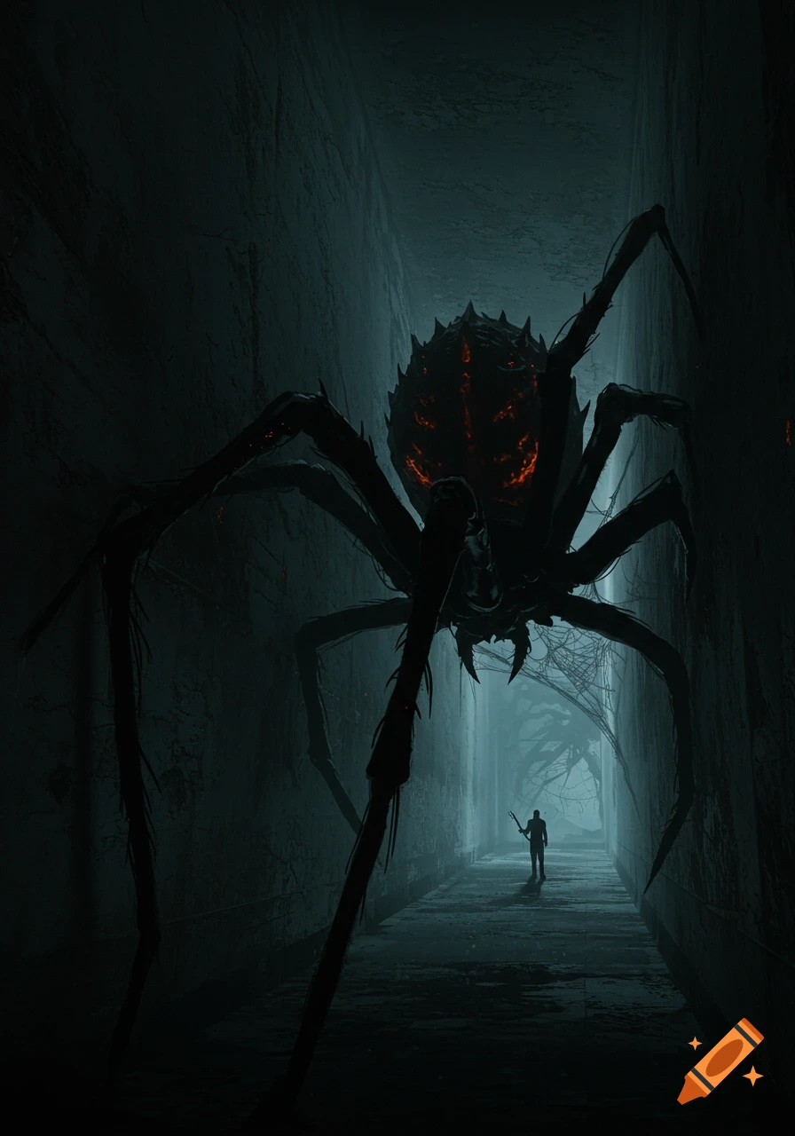 A massive, dark spider with glowing red eyes looms in a narrow, dark hallway as a lone figure stands far below.