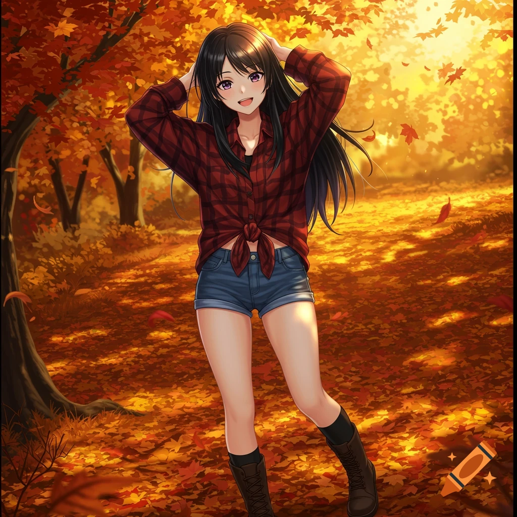 Anime girl with dark hair wearing a red flannel shirt and denim shorts standing in an autumn forest with golden leaves.