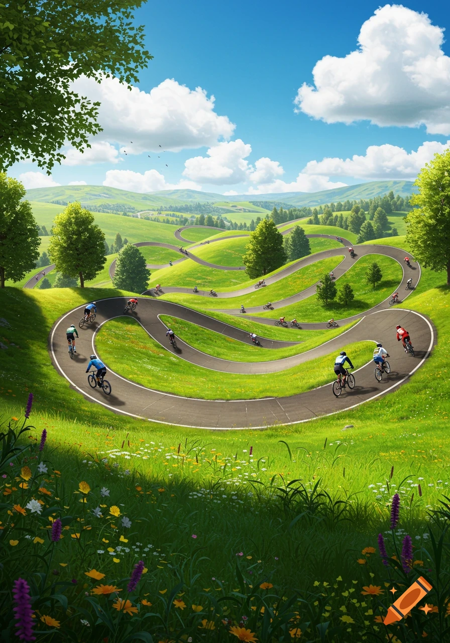 Vibrant digital art of numerous cyclists riding on a winding bike track through lush green rolling hills under a bright blue sky.