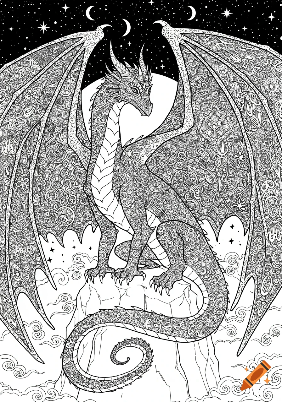 Detailed black and white coloring page of a majestic patterned dragon standing on a peak under a starry, crescent moonlit night.