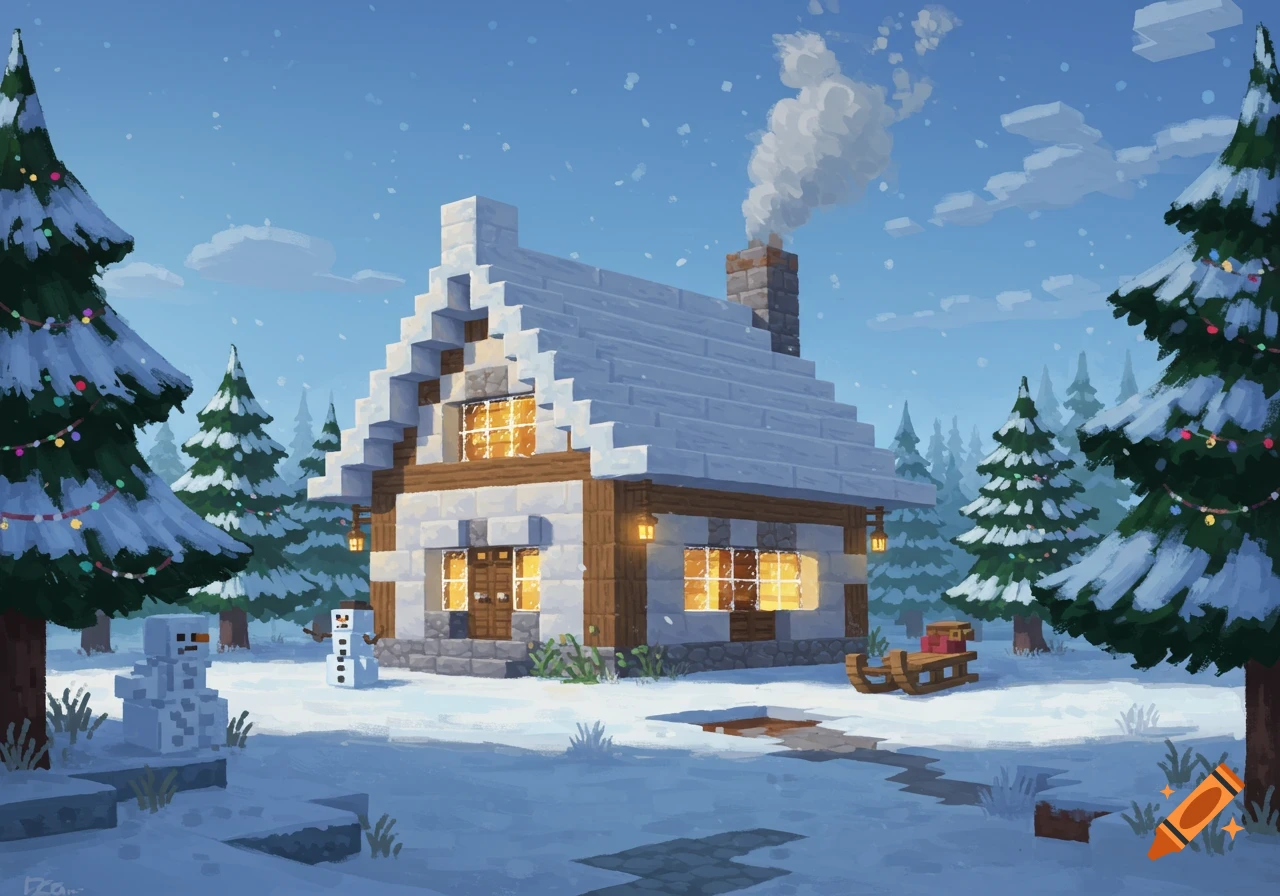 A snowy winter scene with a blocky Minecraft-style cottage, decorated pine trees, and snowmen under a blue sky.