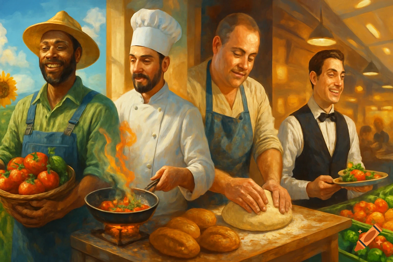 An oil painting style image depicting four men in different food-related professions: a farmer, a chef, a baker, and a waiter.