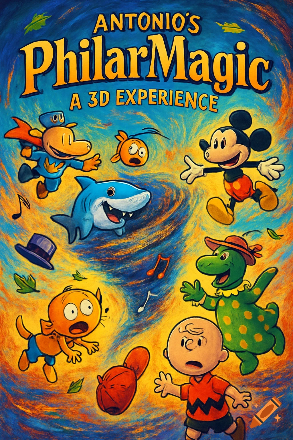 Vibrant cartoon poster for 'Antonio's Philarmagic A 3D Experience' with Mickey Mouse, Charlie Brown, a shark, and other characters in a colorful whirlwind.