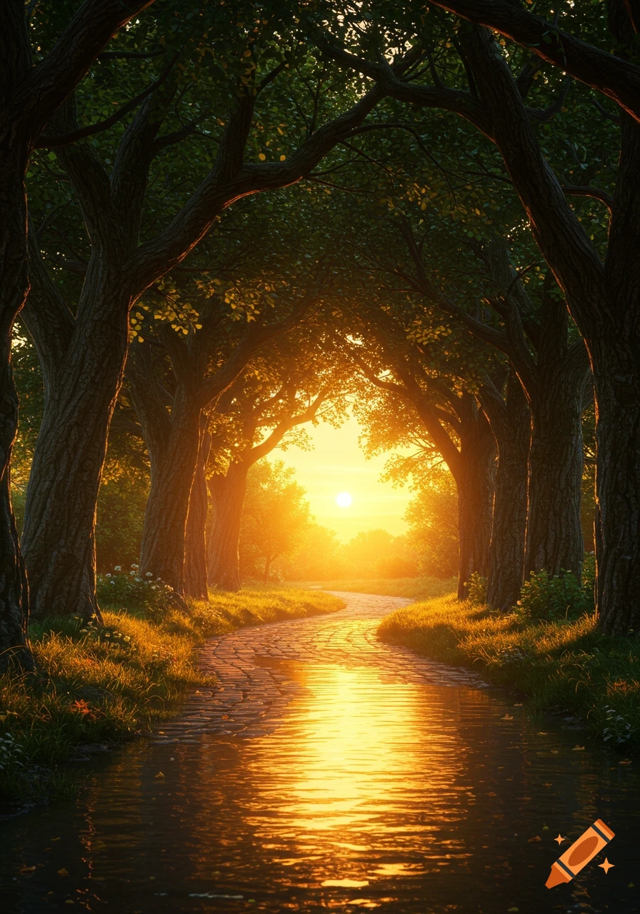 Photorealistic image of a winding path through a treelined forest at sunset, with golden light reflecting on a wet surface.