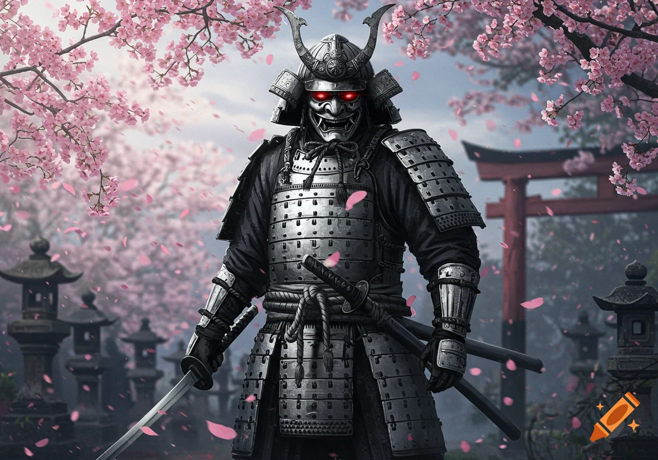 A samurai in black and silver armor with a demonic red-eyed oni mask stands amidst falling pink cherry blossoms in a Japanese garden.