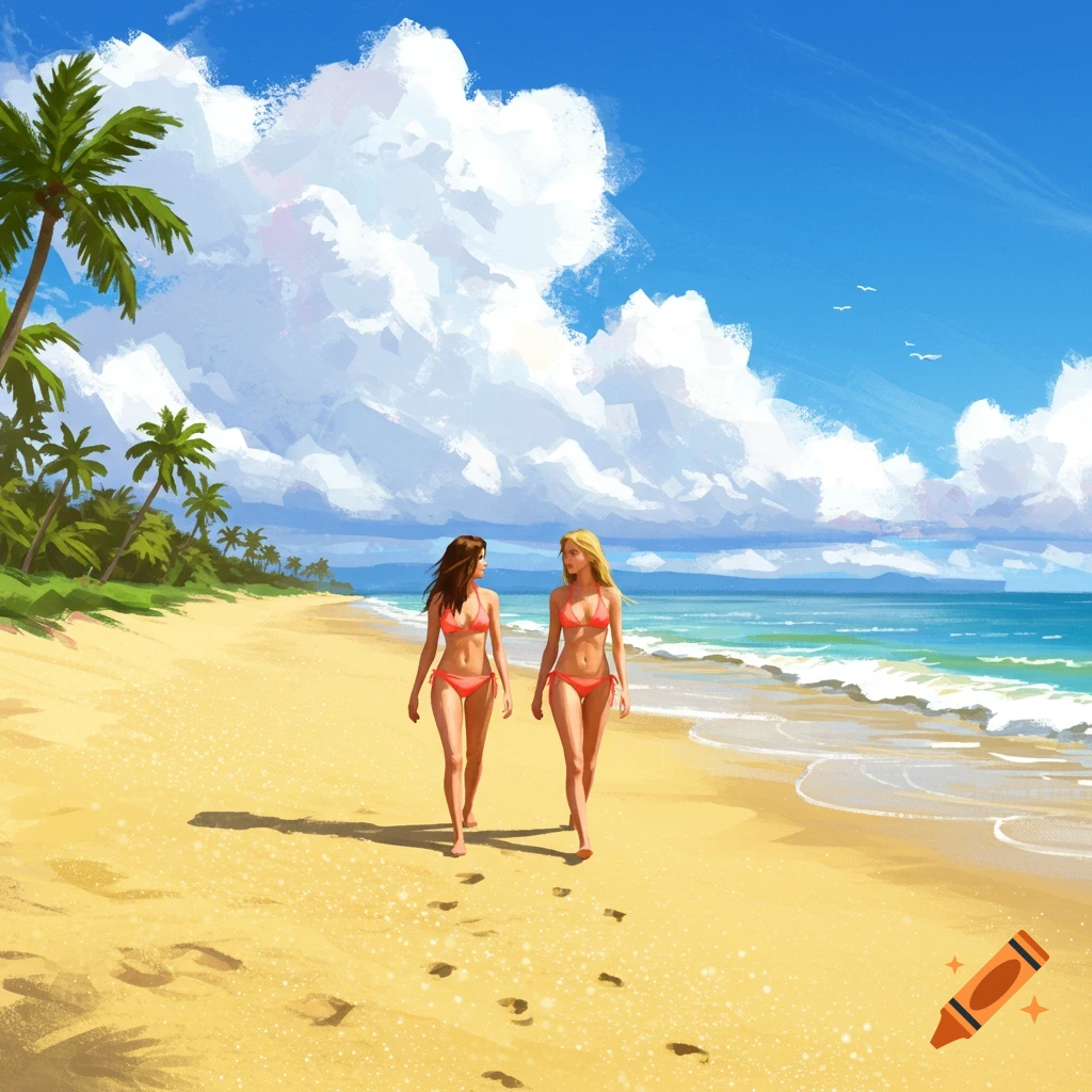 Two women in red bikinis walk on a sunny beach with palm trees and ocean waves, illustrated.