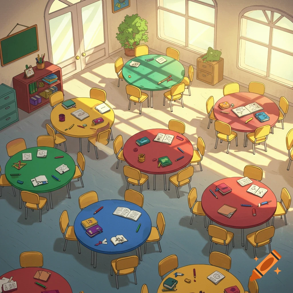 A bright, colorful cartoon classroom from above, with many round tables, yellow chairs, school supplies, and papers, illuminated by sunlight.