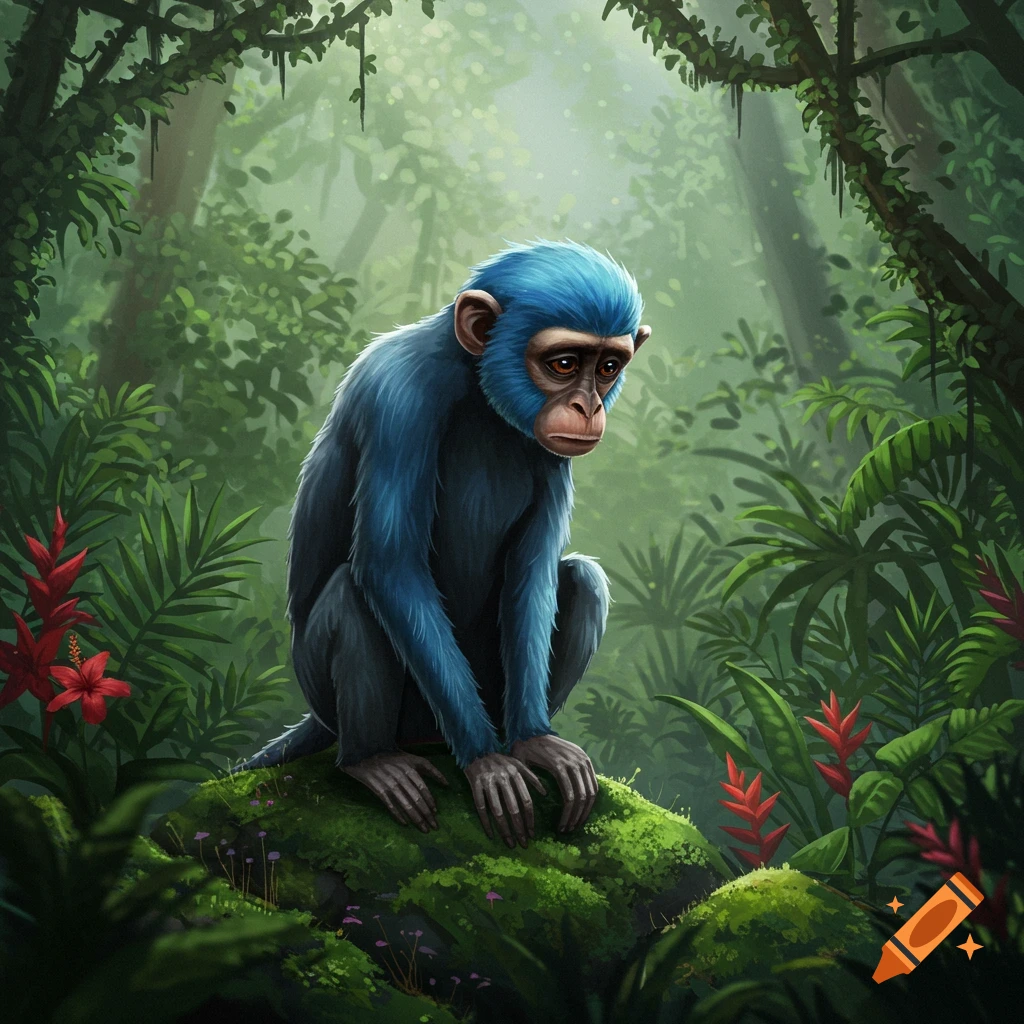 A sad blue monkey sits on a mossy rock in a lush, green jungle with red flowers, depicted in a digital illustration.