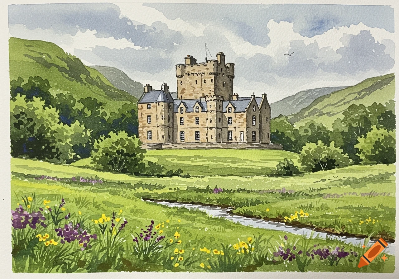 Watercolor painting of Drumtochty castle nestled in a lush Scottish landscape with green hills, a stream, and wildflowers.