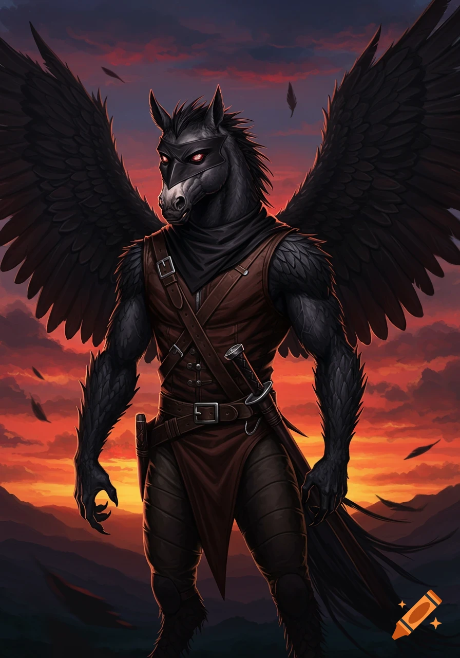 Dark fantasy art of a muscular, black anthropomorphic winged horse creature with red eyes, wearing leather armor, against a sunset sky.