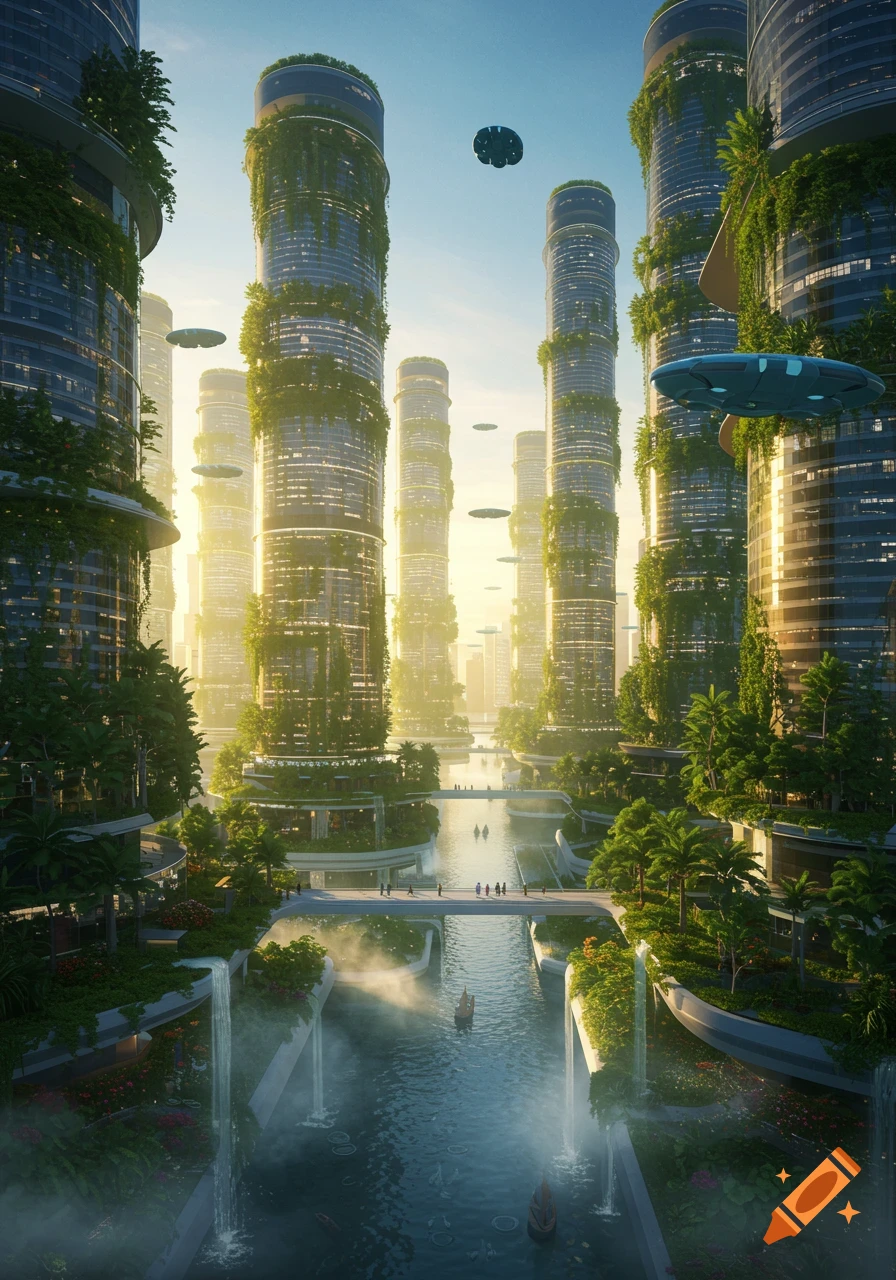 A vibrant futuristic aquaponic city featuring lush green skyscrapers, serene waterways with bridges and boats, and flying vehicles under a bright sky.