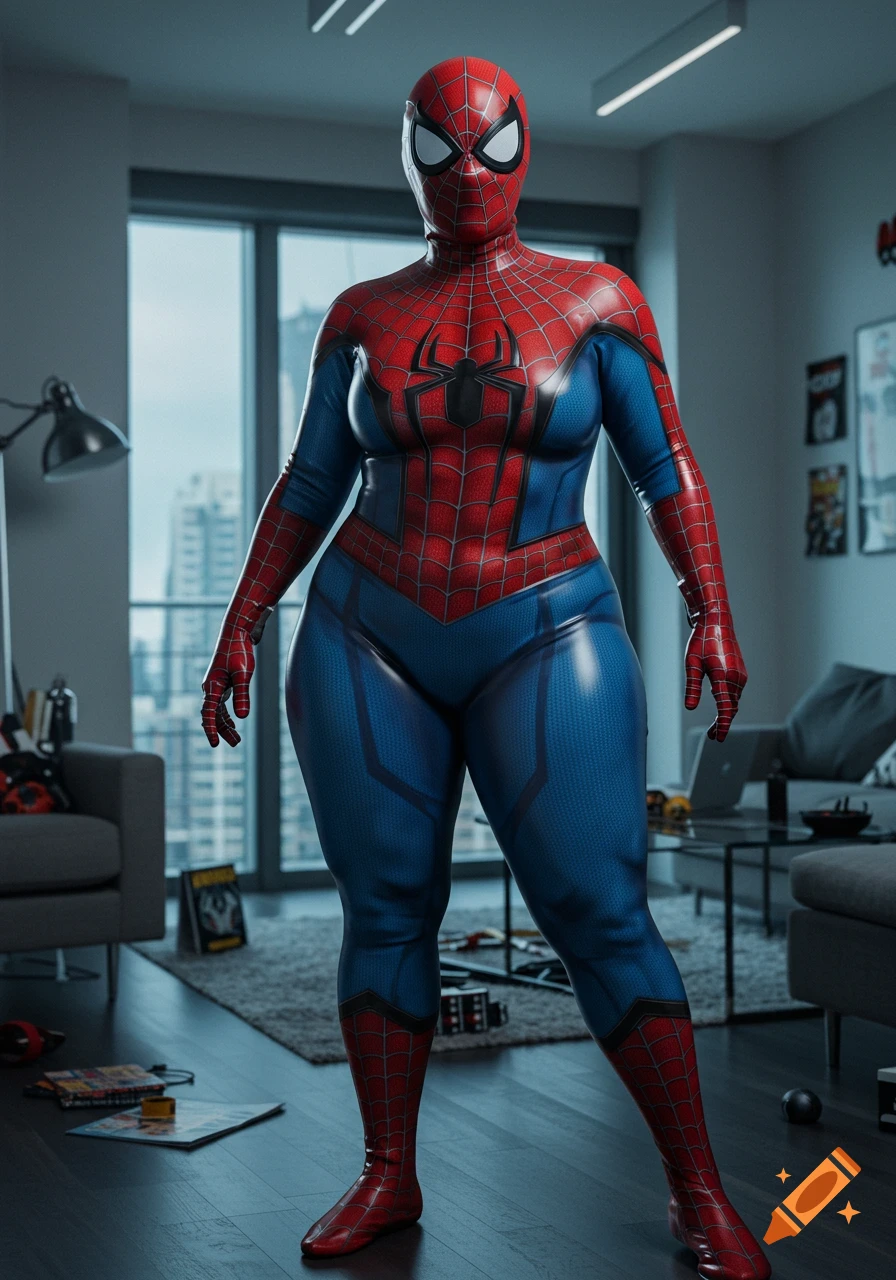 Photorealistic image of a thick-thighed Spider-Girl in a shiny red and blue latex costume, standing in a modern apartment.