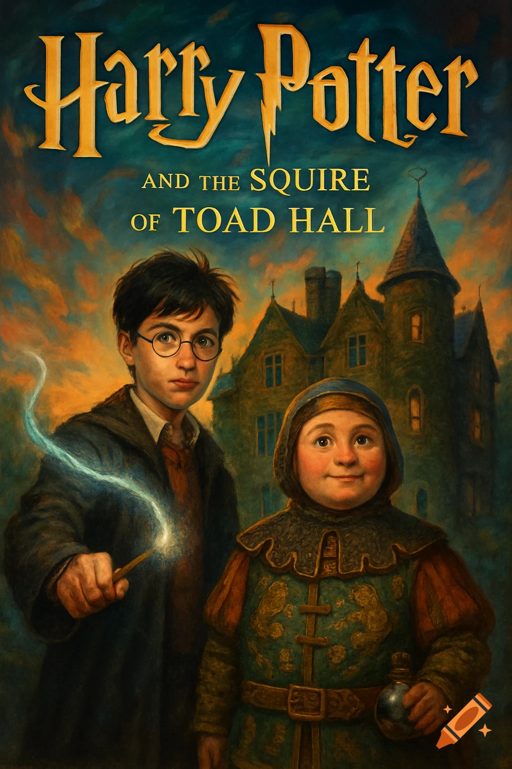 Painterly fantasy book cover featuring Harry Potter with a glowing wand and another boy in medieval attire before a dark castle.