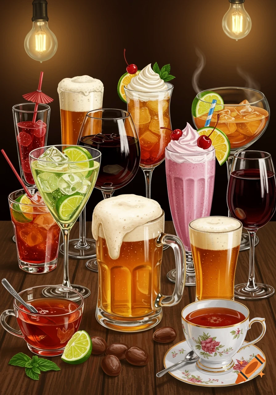 An illustration of various drinks including beer, wine, cocktails, a milkshake, and tea, on a wooden table under glowing light bulbs.