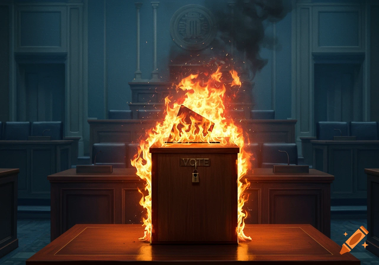 A wooden ballot box, labeled 'VOTE' and locked, is engulfed in bright orange flames in a dark, formal chamber.