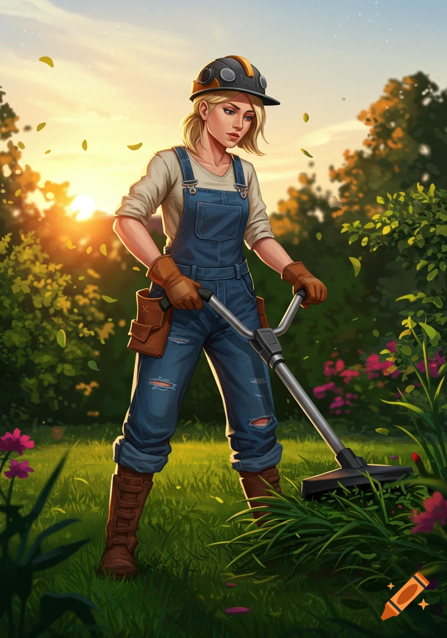 Blond woman in a helmet and overalls doing yard work with a trimmer in a sunny garden, digital illustration.