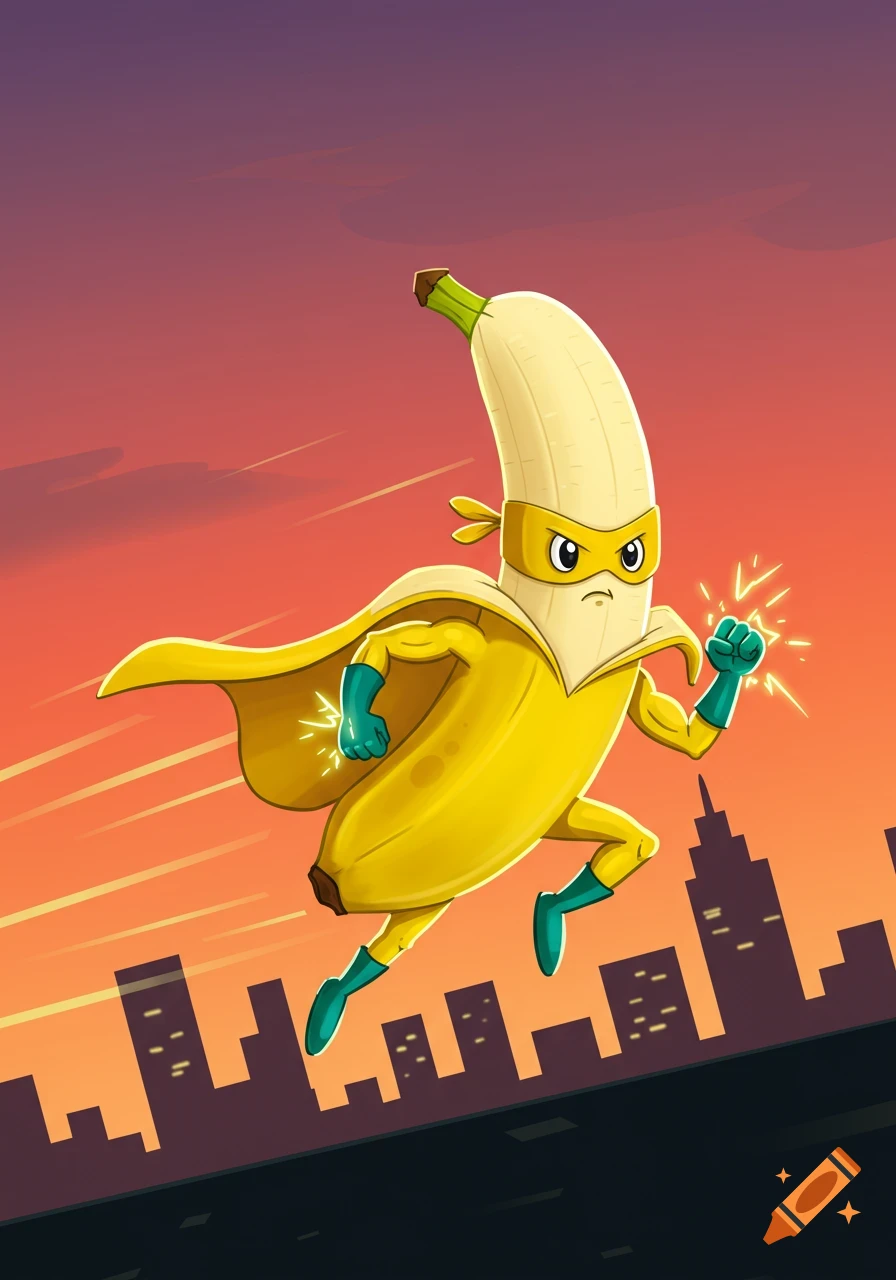 A cartoon banana superhero in a yellow mask and cape flies over a city skyline at sunset.