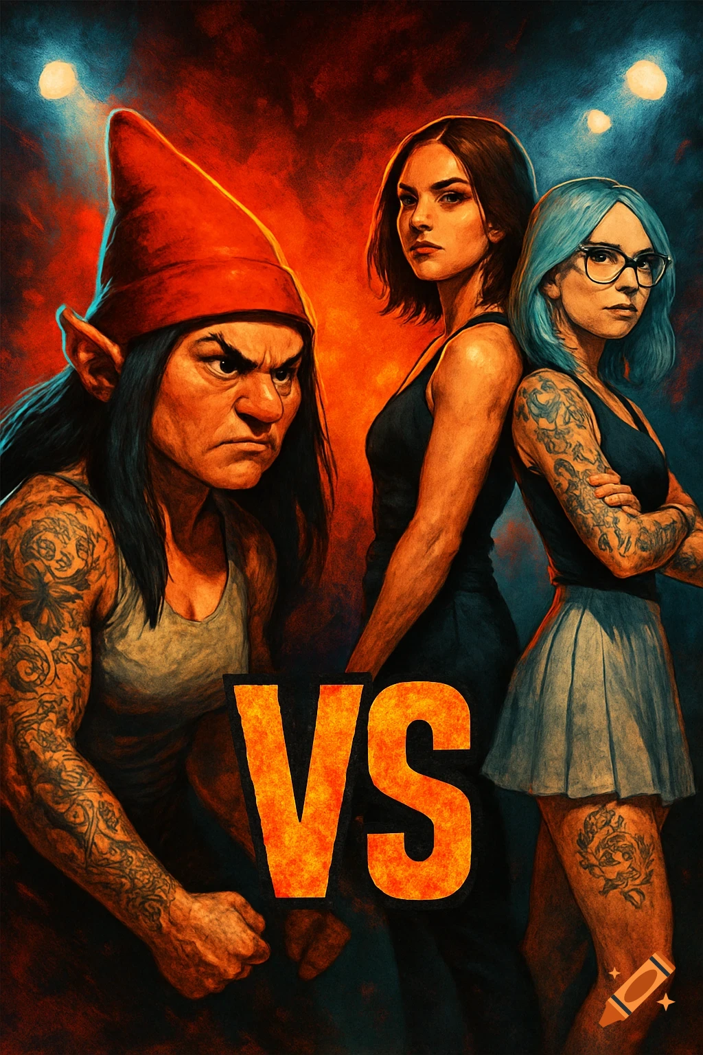 A fight poster featuring an angry female gnome with a red hat and tattoos on the left, facing two women with tattoos on the right, with "VS" in the center.