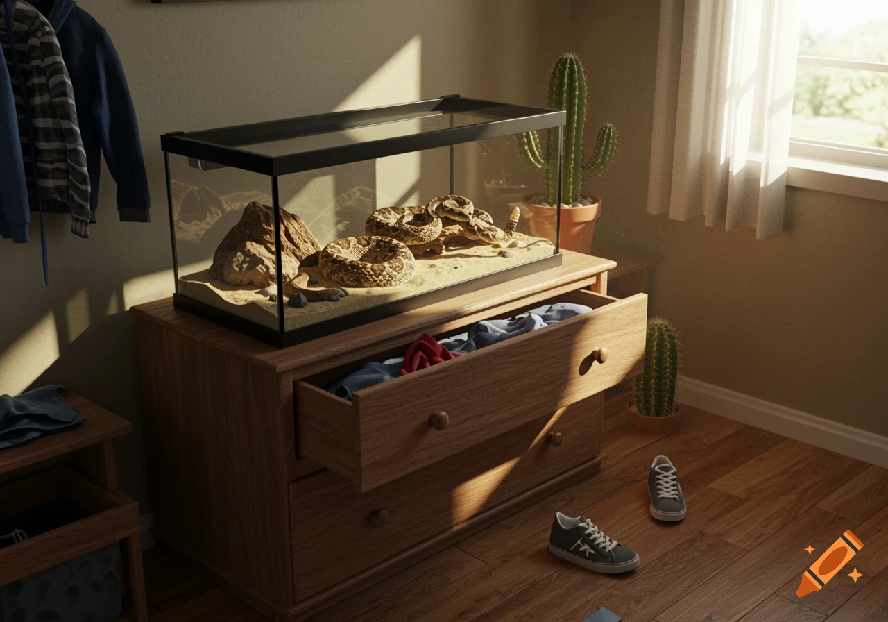 A photorealistic image of a boy's bedroom with a dresser. On top, a glass aquarium houses two rattlesnakes coiled on sand and rocks. Sunlight streams from a window, and two sneakers lie on the wooden floor.
