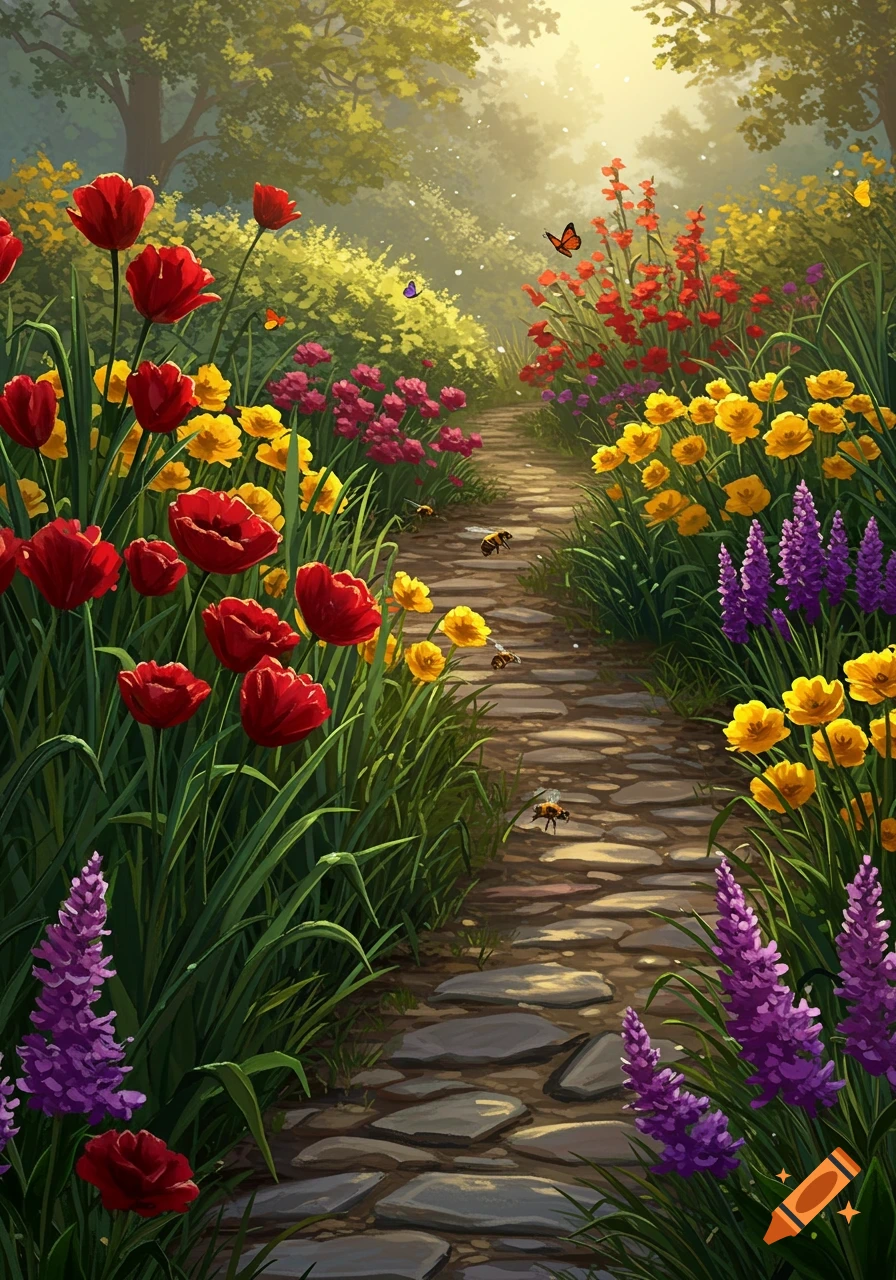 A vibrant, painterly garden with a stone path, red tulips, yellow