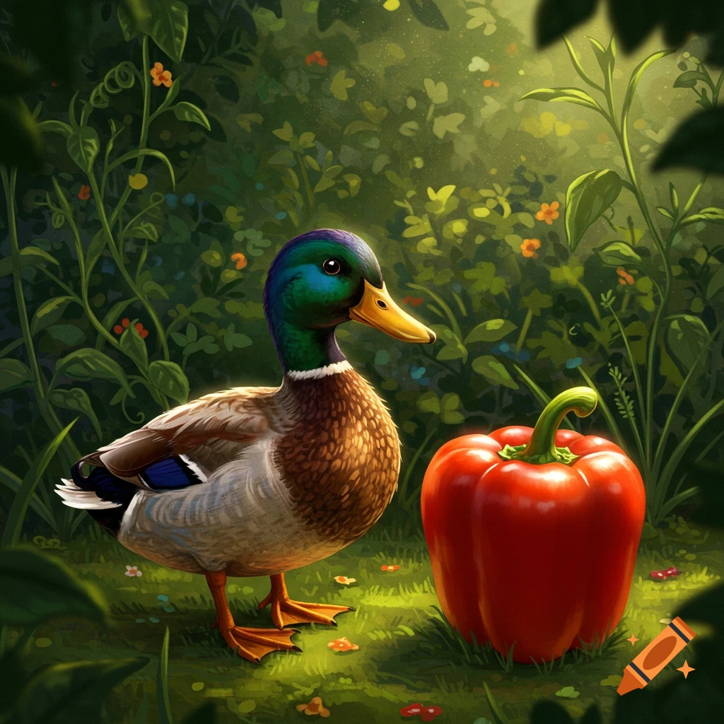 A mallard duck stands beside a large red bell pepper in a vibrant, lush green forest illustration.
