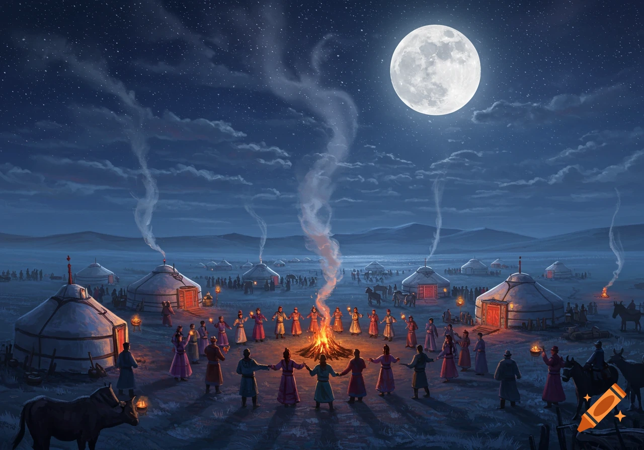 People in traditional attire gather around a bonfire in a yurt camp under a bright full moon and starry night sky.