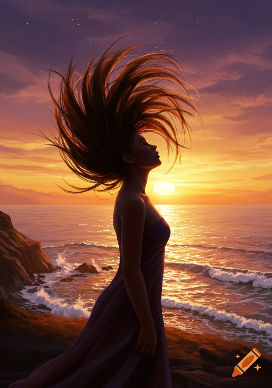 Illustrative profile of a woman with long hair flying upward, standing on a cliff by the ocean at sunset.