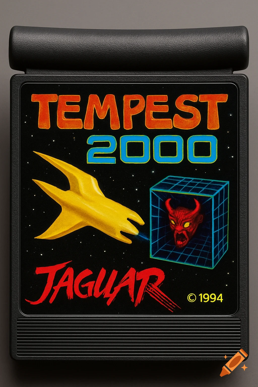 Atari Jaguar cartridge for Tempest 2000, featuring a yellow spaceship, a red horned monster in a cube, and © 1994.