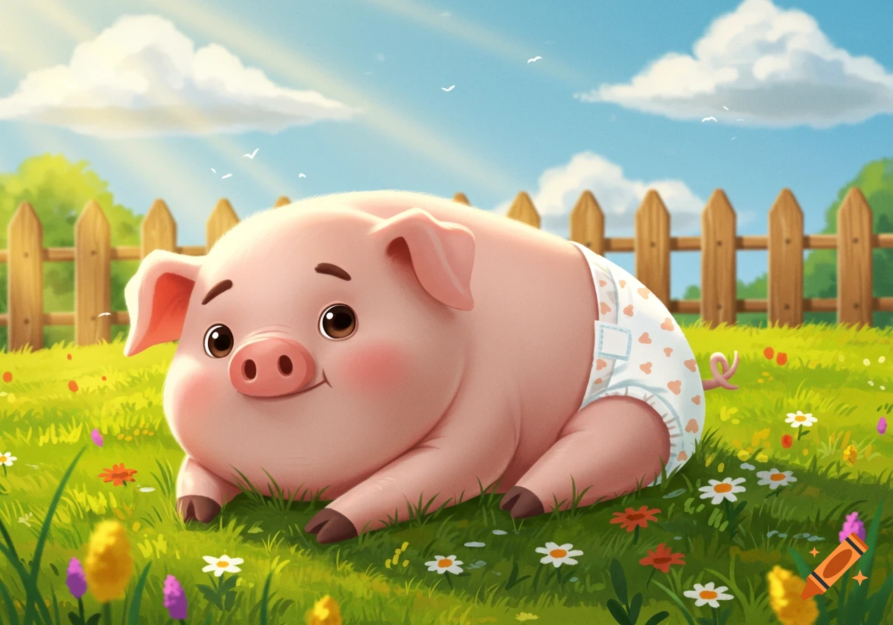 A cute cartoon pig wearing a white diaper with heart patterns, lying in a green grassy field with flowers under a blue sky.
