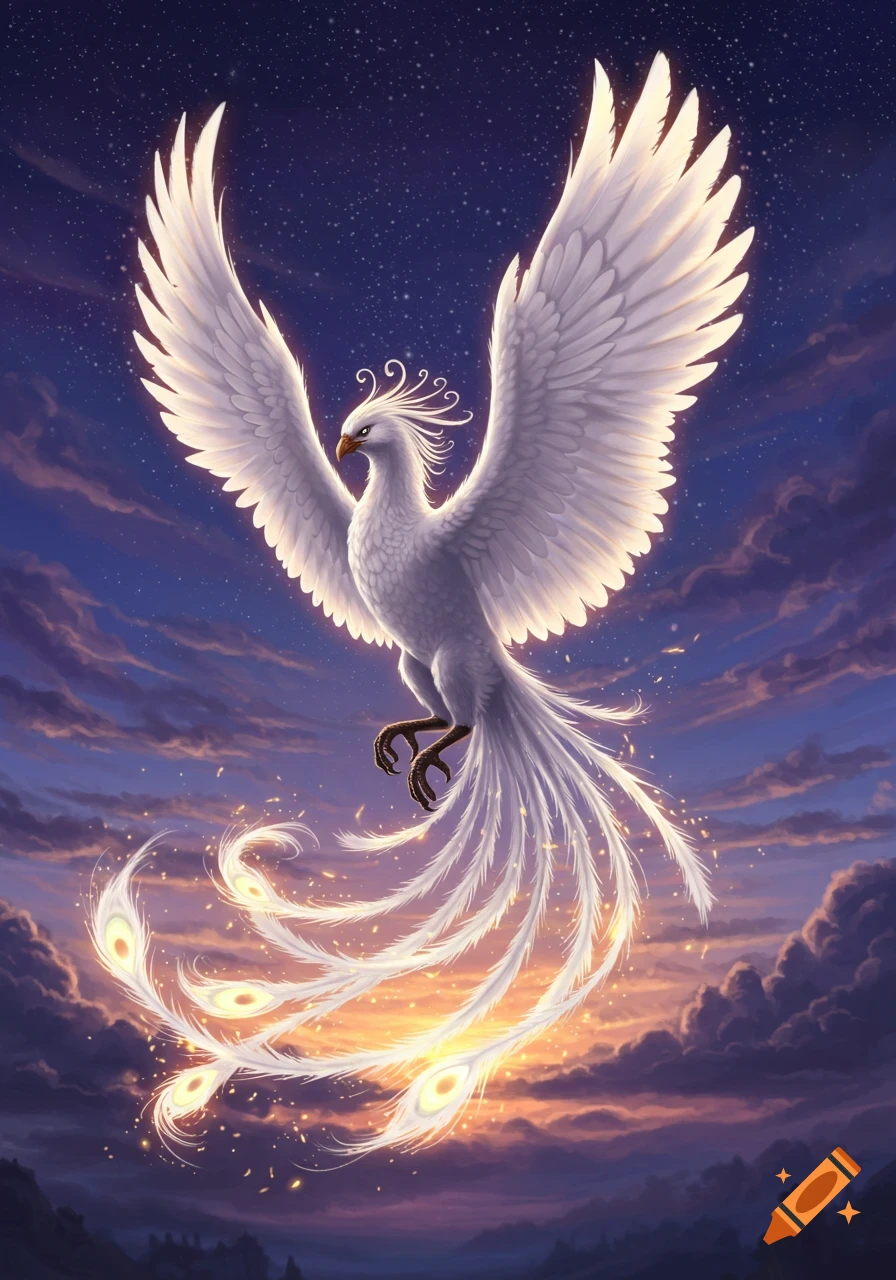 A majestic white phoenix with glowing tail feathers flying against a starry, cloudy sunset sky, digital art.