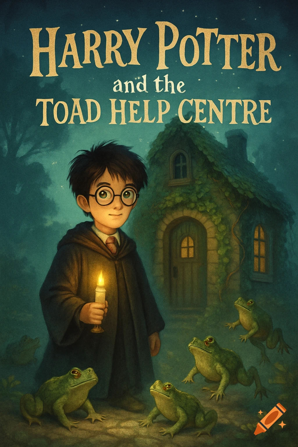 Illustrated book cover of young Harry Potter with a candle and toads in front of an ivy cottage, titled 'Harry Potter and the Toad Help Centre'.