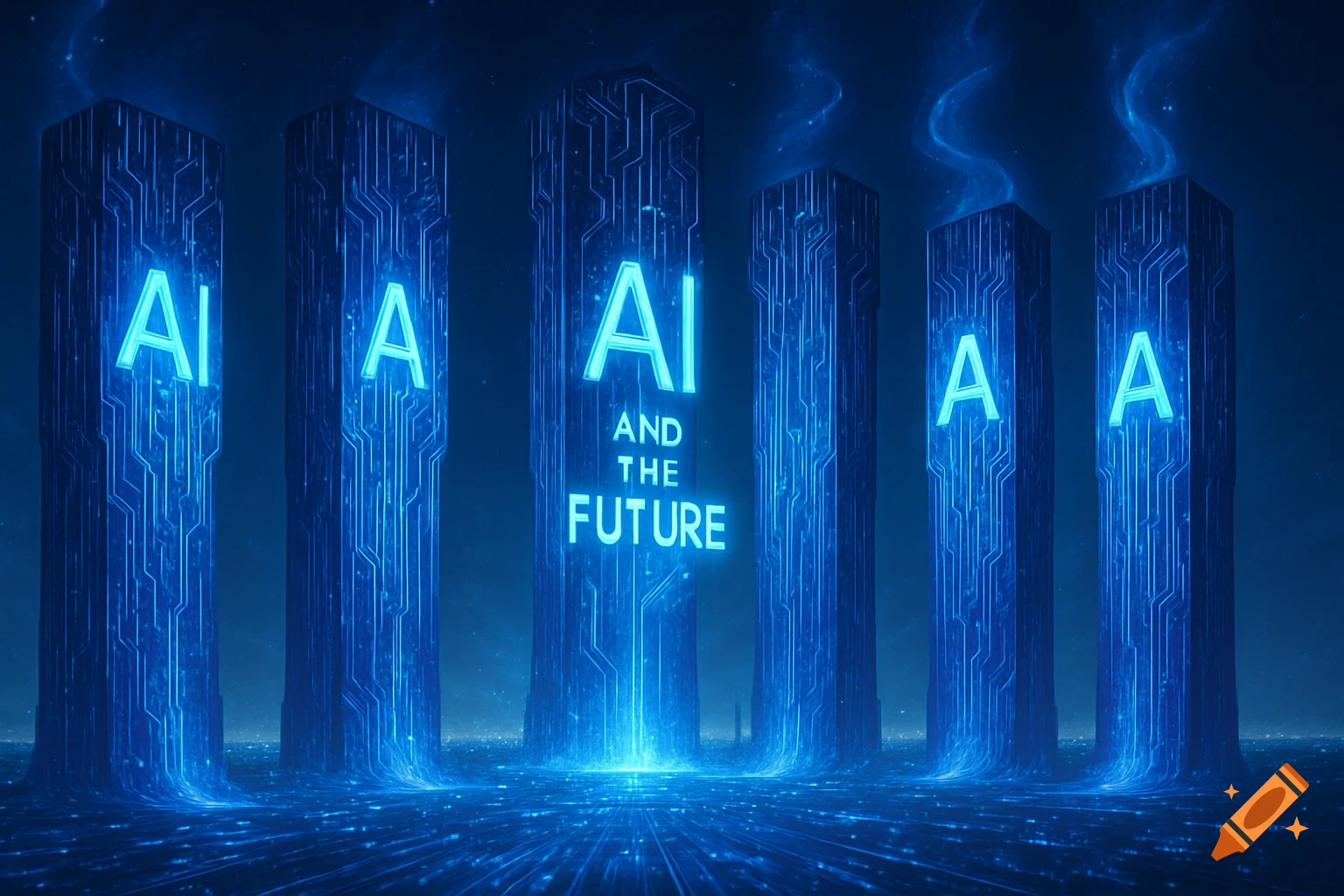 Five glowing blue futuristic pillars with circuit board patterns stand in a data stream environment. The pillars display the text "AI" and "AND THE FUTURE" in bright blue.