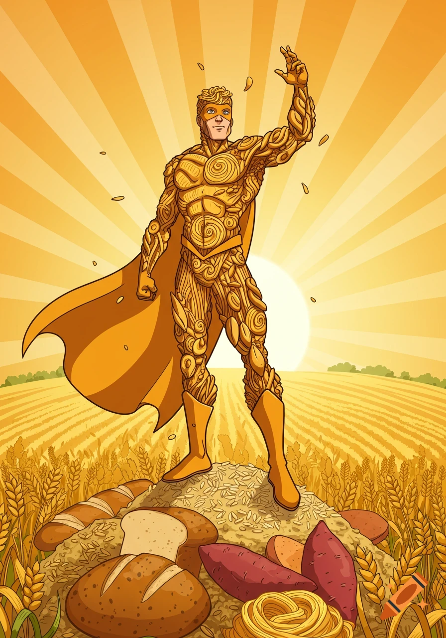A cartoon superhero made of swirled carbohydrates stands on a pile of bread and pasta in a golden wheat field.