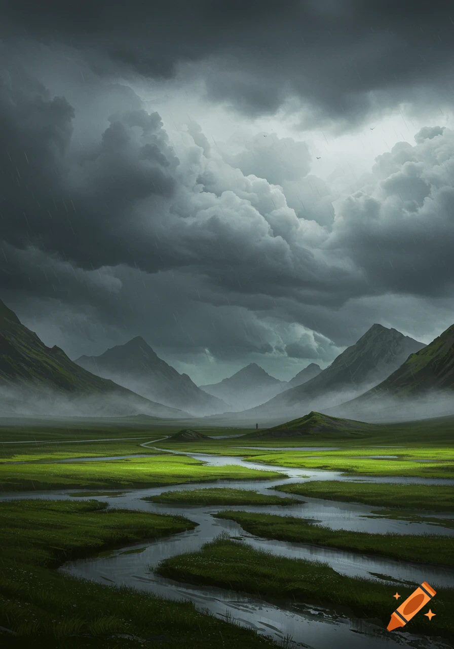A gloomy landscape with dark storm clouds raining over bright green fields, winding rivers, and distant mountains. A lone figure is visible in the distance.