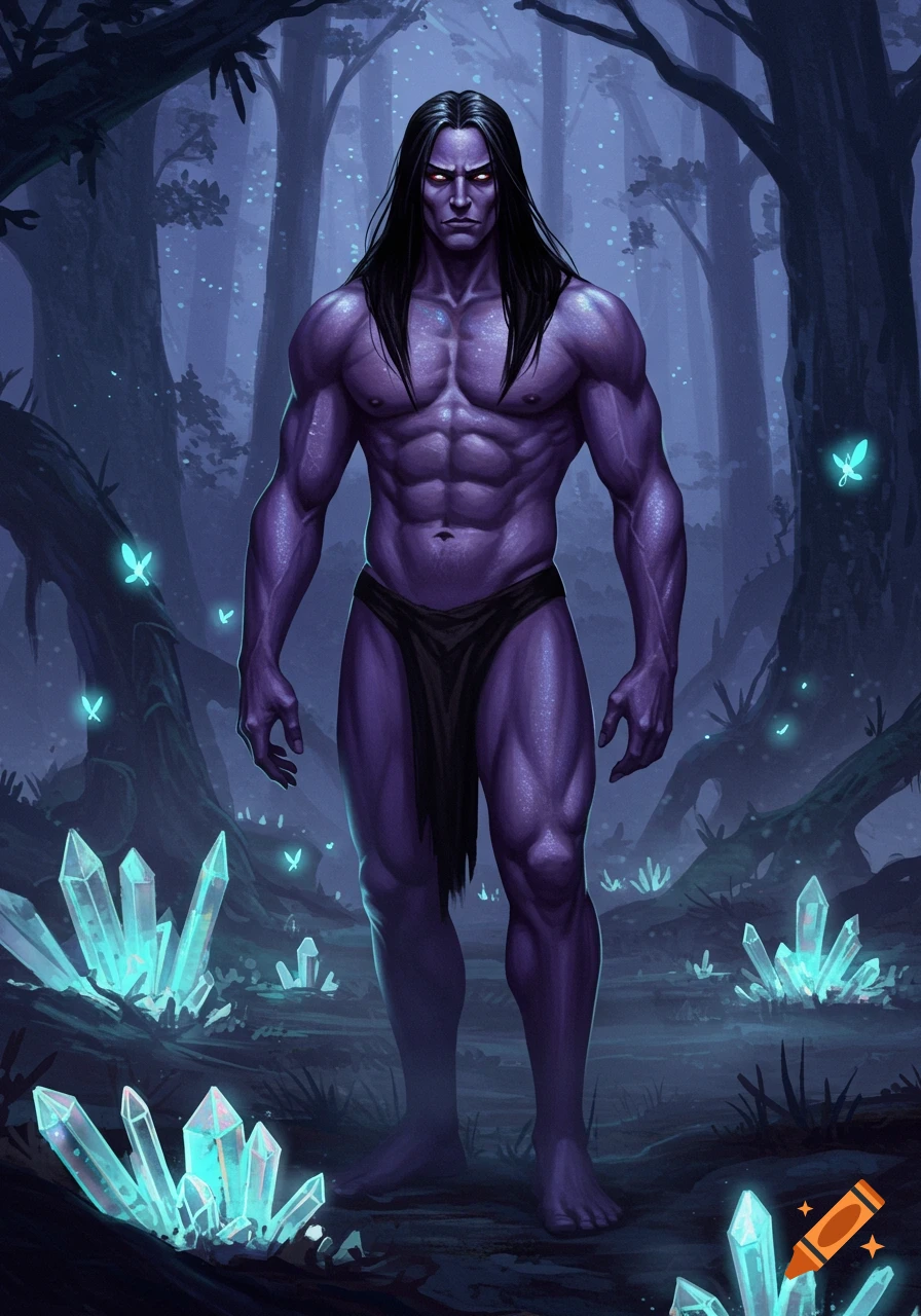A muscular man with purple skin and long black hair stands in a magical, dark forest filled with glowing blue crystals and butterflies.