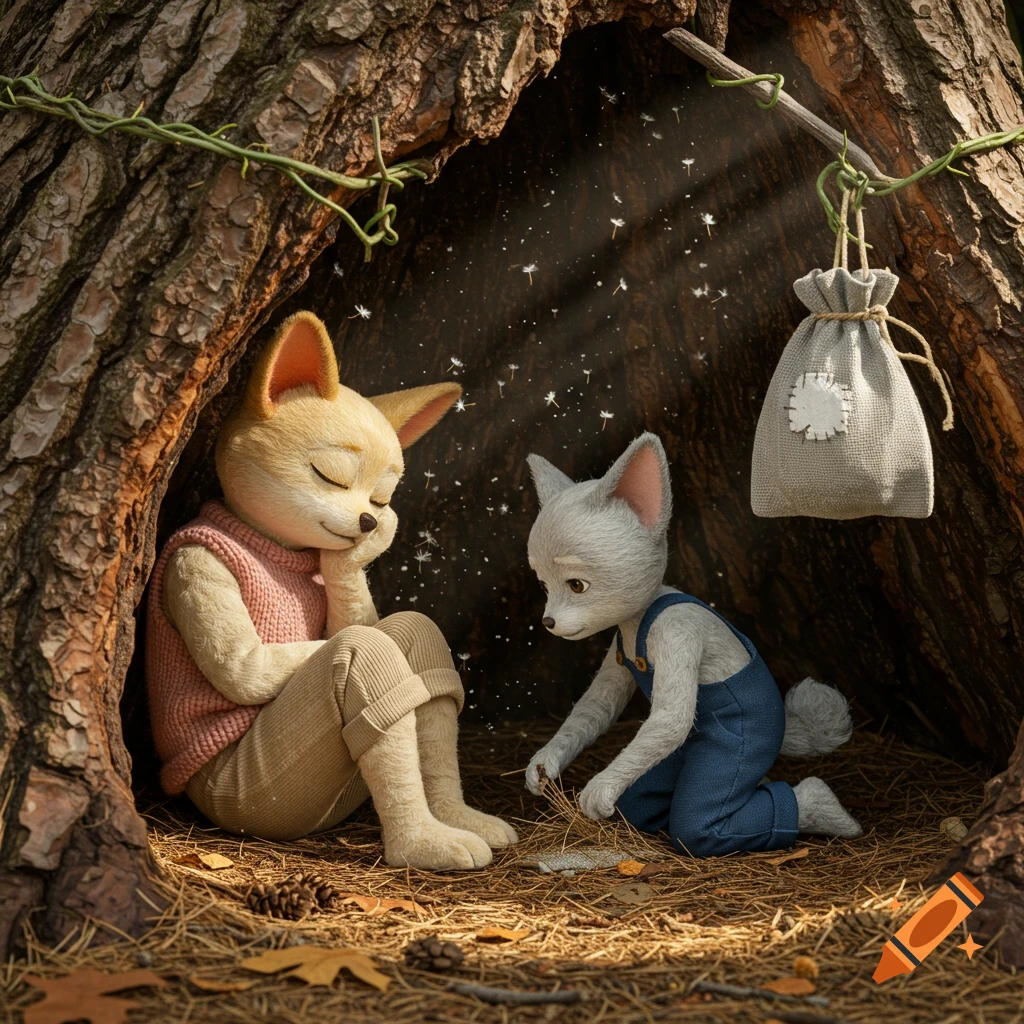 Two anthropomorphic foxes in a cozy tree hollow. One rests with closed eyes, while the other intently looks at something on the ground, with dandelion fluff floating around.