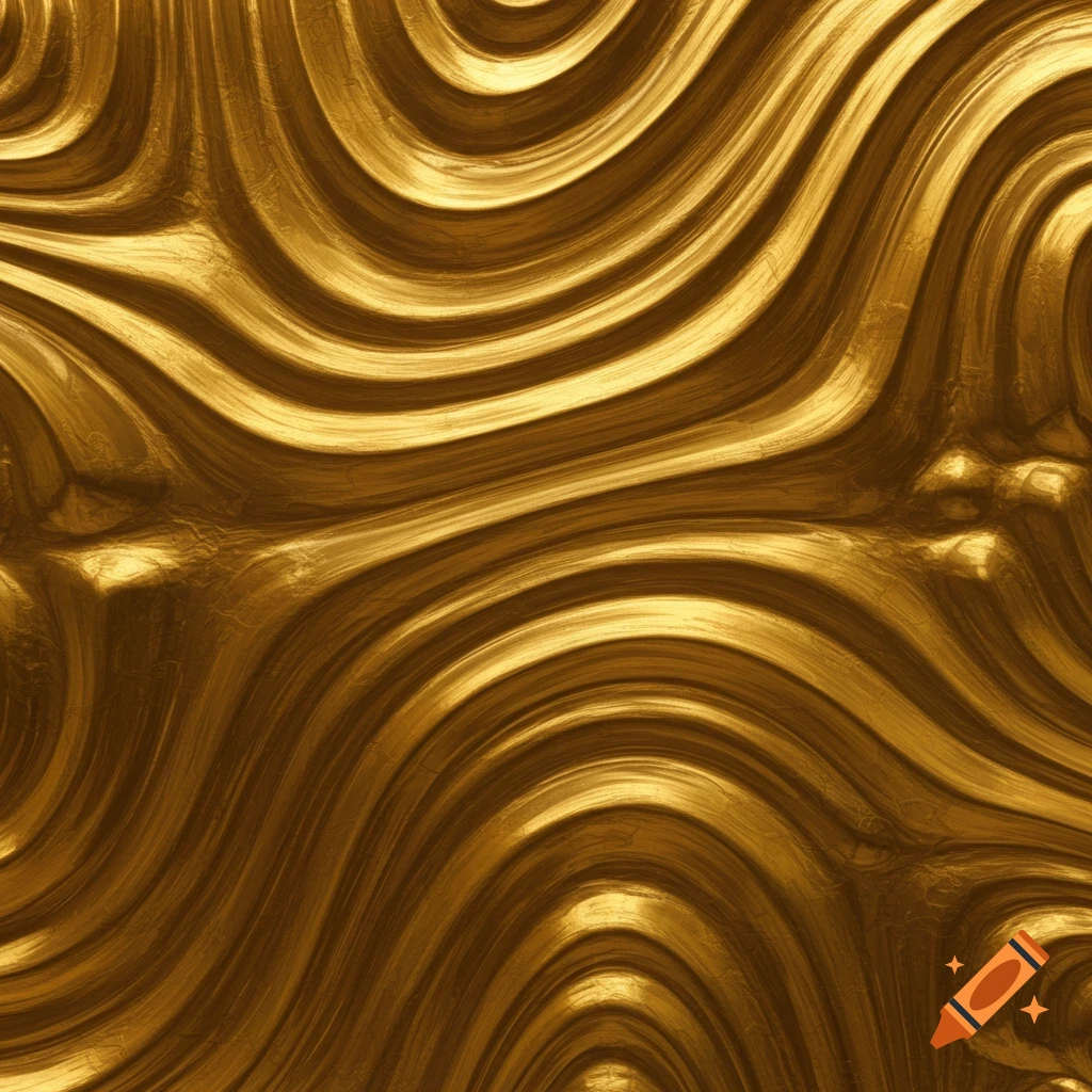 Close-up of a wavy, reflective golden metal texture.