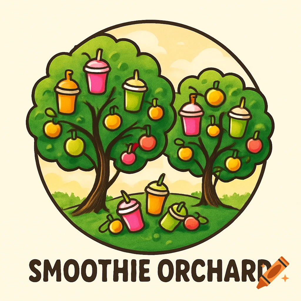 Cartoon logo for 'Smoothie Orchard' with trees growing smoothies and apples, in a circular frame.